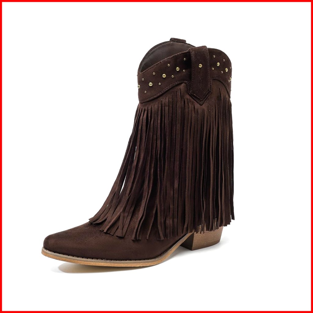 Western Cowboy Boots Mid Calf Pull On Block Heel Pointed Toe